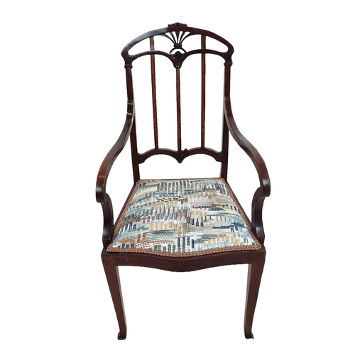 423 - ARMCHAIRS, a pair, Edwardian mahogany and satinwood with patterned padded seats, 102cm H x 51cm. (2)