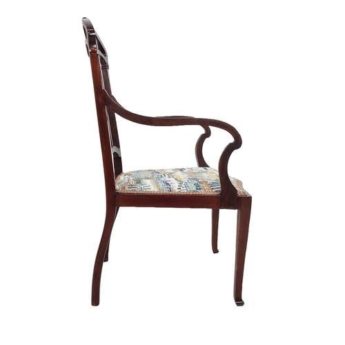 423 - ARMCHAIRS, a pair, Edwardian mahogany and satinwood with patterned padded seats, 102cm H x 51cm. (2)