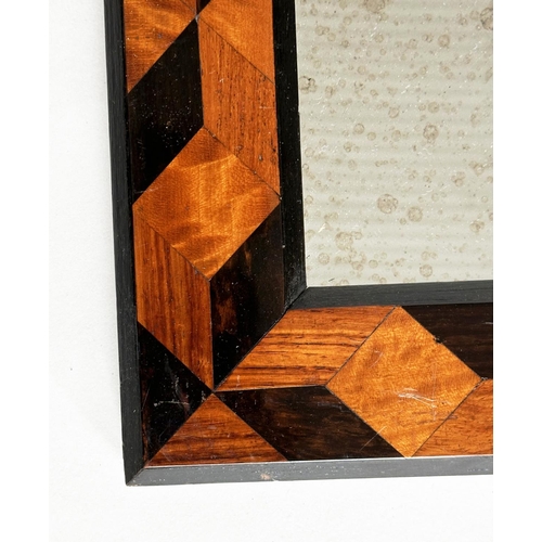 426 - WALL MIRRORS, a pair, early 20th century rectangular specimen wood parquetry frames with mottled pla... 