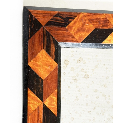 426 - WALL MIRRORS, a pair, early 20th century rectangular specimen wood parquetry frames with mottled pla... 