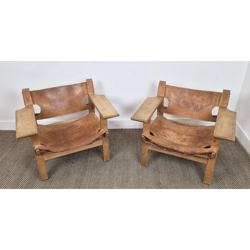 450 - ATTRIBUTED TO BORGE MORGENSEN SPANISH CHAIRS, a pair, each 83cm x 56cm x 70cm H. (2)