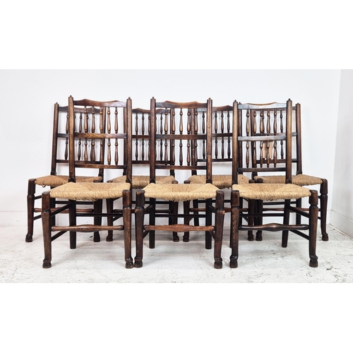 463 - SET OF EIGHT 19TH CENTURY SPINDLE BACK DINING CHAIRS, ash, attributable to Lancashire/Cheshire, rush... 