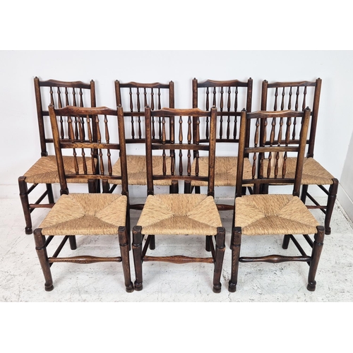 463 - SET OF EIGHT 19TH CENTURY SPINDLE BACK DINING CHAIRS, ash, attributable to Lancashire/Cheshire, rush... 