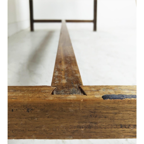 464 - CHINESE HARDWOOD DINING TABLE, late 19th century, plank top, cleated ends, raised on square supports... 