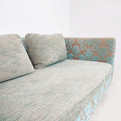 466 - DESIGNERS GUILD BALANCE SOFA, with turquoise floral upholstery, 69cm H x 150cm W x 95cm D.