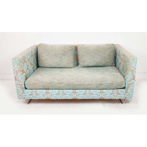 466 - DESIGNERS GUILD BALANCE SOFA, with turquoise floral upholstery, 69cm H x 150cm W x 95cm D.