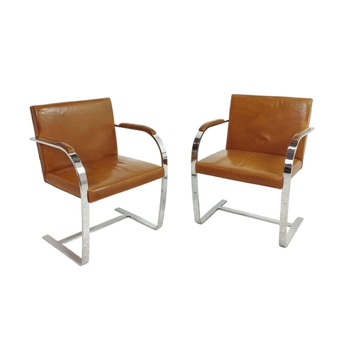 475 - AFTER LUDWIG MIES VAN DER ROHE BRNO STYLE CHAIRS, a pair, polished chrome and tan leather, 80cm H x ... 