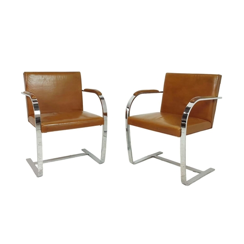 475 - AFTER LUDWIG MIES VAN DER ROHE BRNO STYLE CHAIRS, a pair, polished chrome and tan leather, 80cm H x ... 