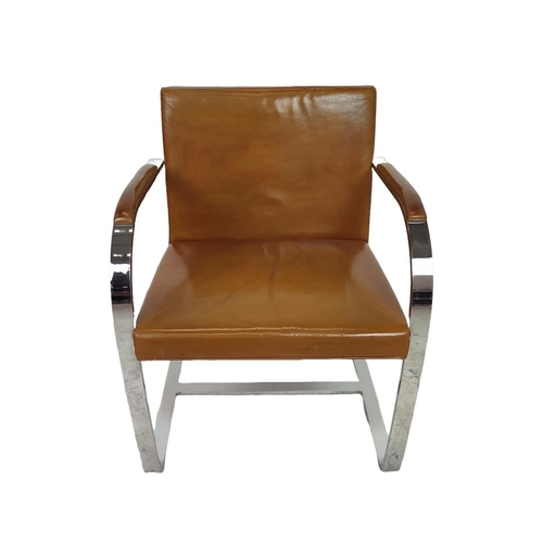 475 - AFTER LUDWIG MIES VAN DER ROHE BRNO STYLE CHAIRS, a pair, polished chrome and tan leather, 80cm H x ... 