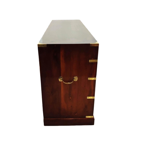 476 - CAMPAIGN STYLE BANK OF DRAWERS, yewwood and brass bound with nine drawers, 73cm H x 153cm x 44cm.