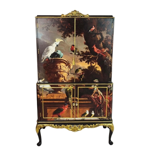 477 - COCKTAIL CABINET, Classical and tropical bird decorated of four doors with mirror backed interior, 1... 