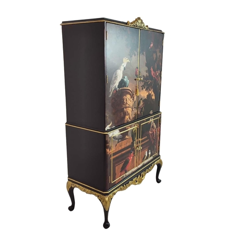 477 - COCKTAIL CABINET, Classical and tropical bird decorated of four doors with mirror backed interior, 1... 