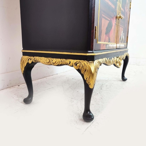 477 - COCKTAIL CABINET, Classical and tropical bird decorated of four doors with mirror backed interior, 1... 