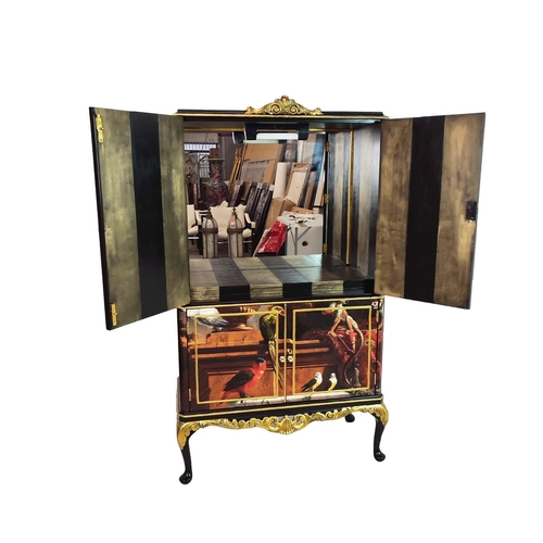 477 - COCKTAIL CABINET, Classical and tropical bird decorated of four doors with mirror backed interior, 1... 