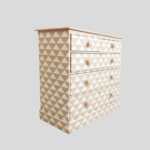 481 - CHEST, Victorian and later pink and white geometric painted containing five drawers, 92cm H x 99cm x... 