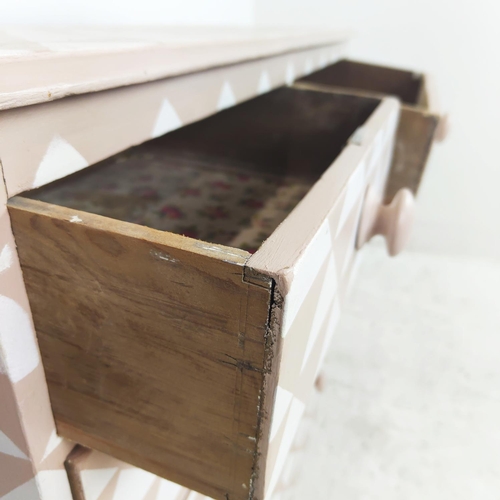 481 - CHEST, Victorian and later pink and white geometric painted containing five drawers, 92cm H x 99cm x... 