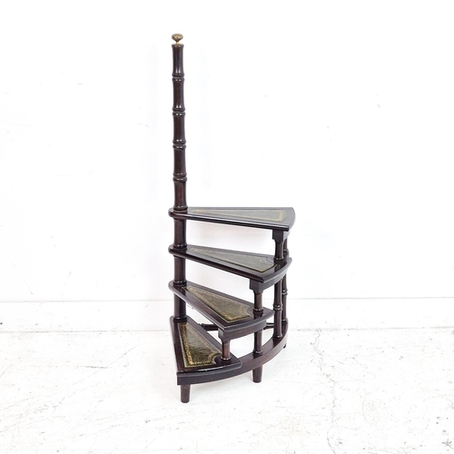 483 - LIBRARY STEPS, mahogany and brass with green leather spiral treads, 111cm H x 43cm.