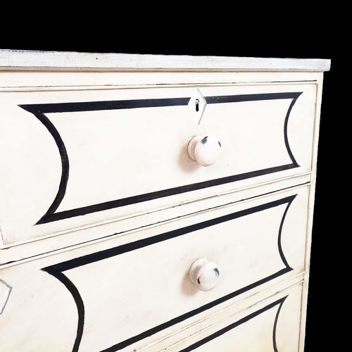 484 - CHEST, 19th century and later cream painted with black lines and four drawers, 80cm H x 123cm x 54cm... 