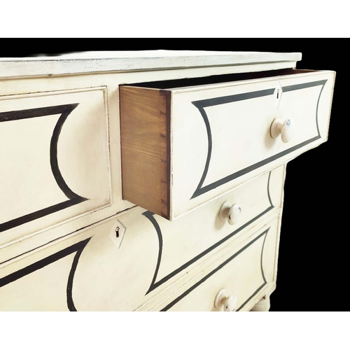 484 - CHEST, 19th century and later cream painted with black lines and four drawers, 80cm H x 123cm x 54cm... 