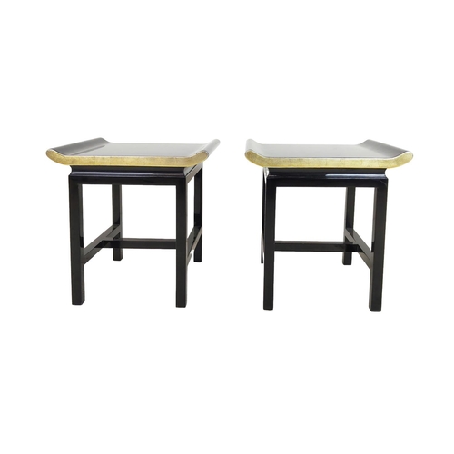 496 - AURA LONDON SIDE TABLES, a pair, black and gilt lacquered, 45cm x 40cm x 50cm approx. (2)