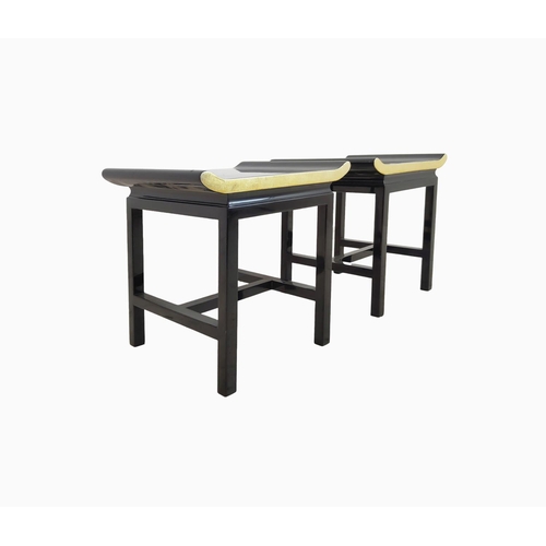 496 - AURA LONDON SIDE TABLES, a pair, black and gilt lacquered, 45cm x 40cm x 50cm approx. (2)