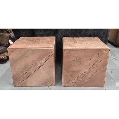 528 - PINK MARBLE CUBE SIDE TABLES, a pair, 31cm H x 31cm W x 31cm D. (2)