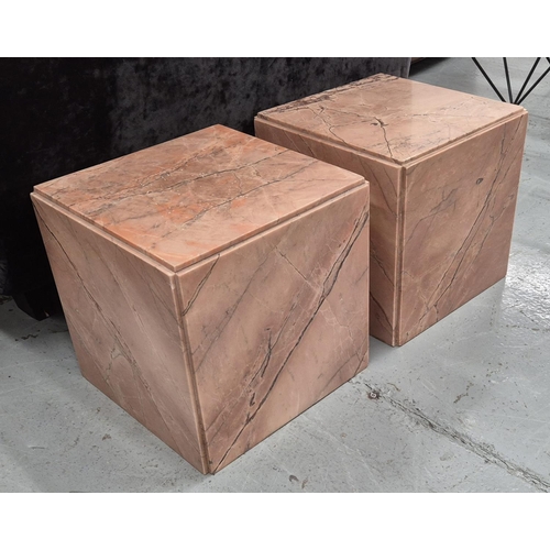 528 - PINK MARBLE CUBE SIDE TABLES, a pair, 31cm H x 31cm W x 31cm D. (2)