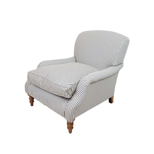 532 - HOWARD STYLE ARMCHAIR, blue and white ticking, 85cm H x 79cm x 105cm.