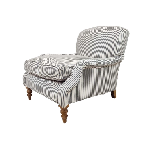 532 - HOWARD STYLE ARMCHAIR, blue and white ticking, 85cm H x 79cm x 105cm.