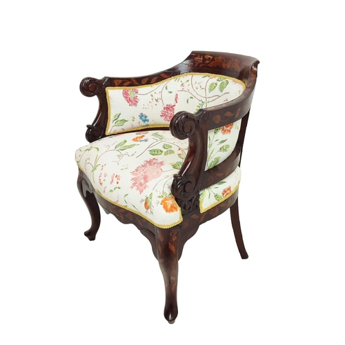 533 - TUB CHAIR, mid 19th century Dutch mahogany and marquetry with floral upholstery, 76cm H x 57cm x 57c... 