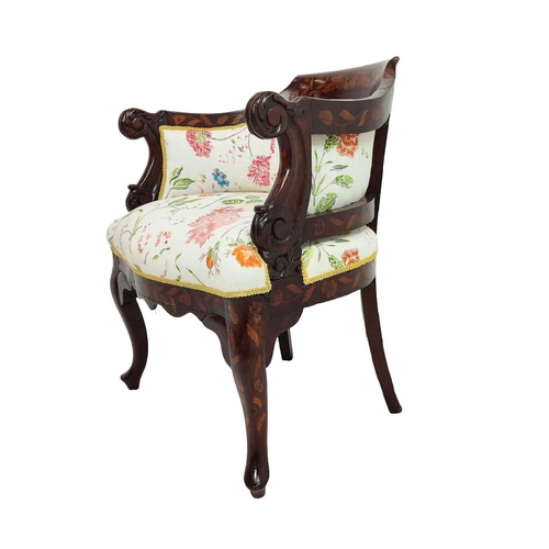 533 - TUB CHAIR, mid 19th century Dutch mahogany and marquetry with floral upholstery, 76cm H x 57cm x 57c... 