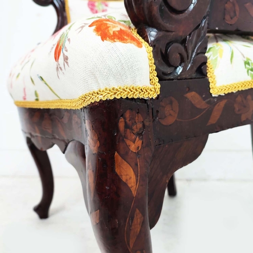 533 - TUB CHAIR, mid 19th century Dutch mahogany and marquetry with floral upholstery, 76cm H x 57cm x 57c... 