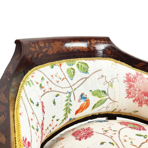 533 - TUB CHAIR, mid 19th century Dutch mahogany and marquetry with floral upholstery, 76cm H x 57cm x 57c... 