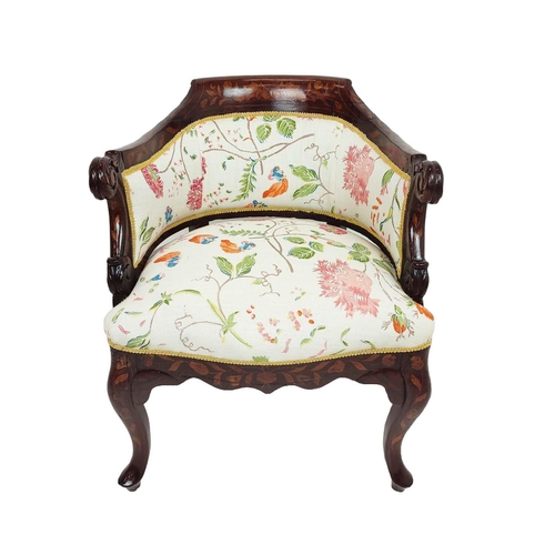 533 - TUB CHAIR, mid 19th century Dutch mahogany and marquetry with floral upholstery, 76cm H x 57cm x 57c... 