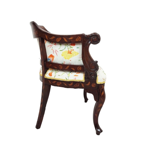 533 - TUB CHAIR, mid 19th century Dutch mahogany and marquetry with floral upholstery, 76cm H x 57cm x 57c... 