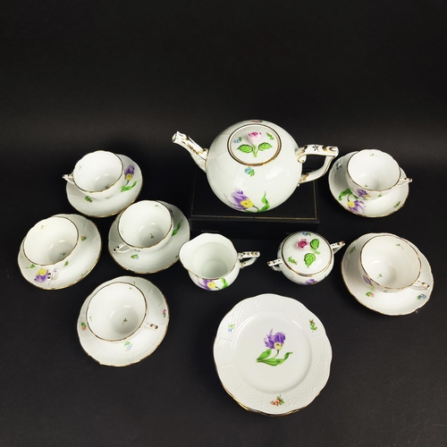 6 - HEREND TEA SERVICE, six place setting, comprising a teapot, milk jug, sugar bowl and six cups and sa... 