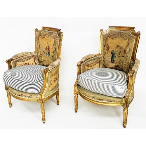 385 - BERGERES, a pair, 19th century French Louis XVI style giltwood retaining the original Aubusson woven... 