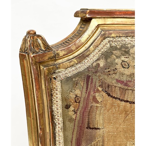 385 - BERGERES, a pair, 19th century French Louis XVI style giltwood retaining the original Aubusson woven... 