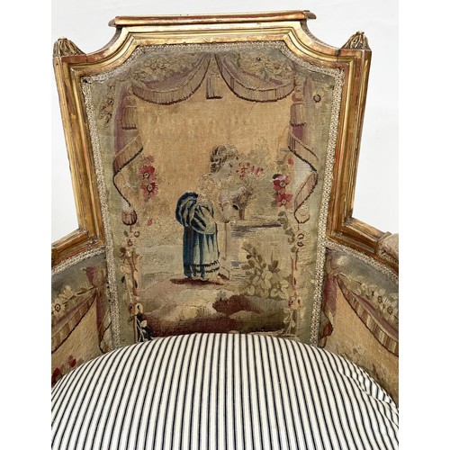 385 - BERGERES, a pair, 19th century French Louis XVI style giltwood retaining the original Aubusson woven... 