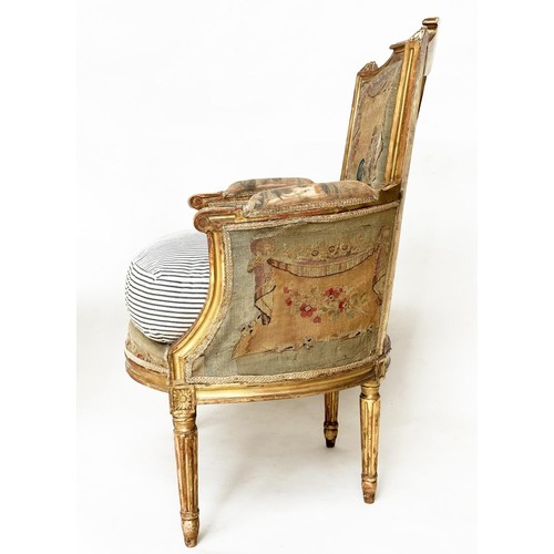 385 - BERGERES, a pair, 19th century French Louis XVI style giltwood retaining the original Aubusson woven... 