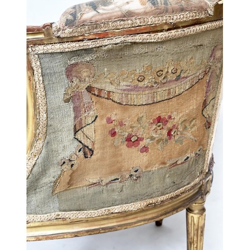 385 - BERGERES, a pair, 19th century French Louis XVI style giltwood retaining the original Aubusson woven... 