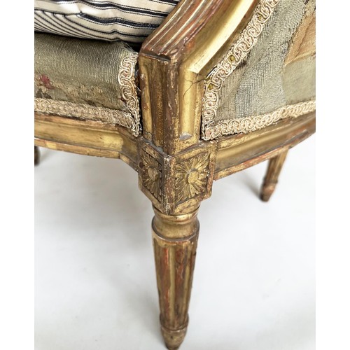 385 - BERGERES, a pair, 19th century French Louis XVI style giltwood retaining the original Aubusson woven... 