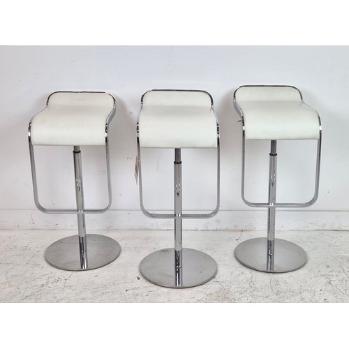 547 - BAR STOOLS, a set of three, height adjustable 87cm H at tallest approx. (3) (faults)