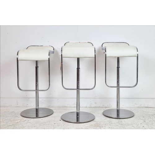 547 - BAR STOOLS, a set of three, height adjustable 87cm H at tallest approx. (3) (faults)