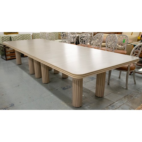 549 - DINING TABLE, contemporary grey painted by Robert Farrant with four extra leaves on ten fluted colum... 