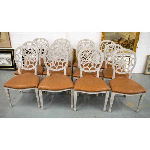 550 - DINING CHAIRS, a set of twelve, Georgian style grey painted with spider web backs and faux tan leath... 