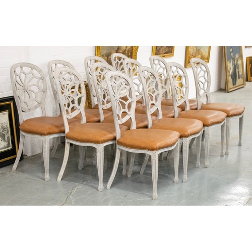 550 - DINING CHAIRS, a set of twelve, Georgian style grey painted with spider web backs and faux tan leath... 