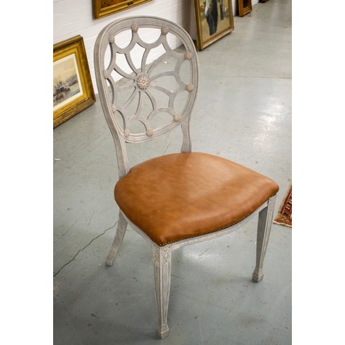 550 - DINING CHAIRS, a set of twelve, Georgian style grey painted with spider web backs and faux tan leath... 