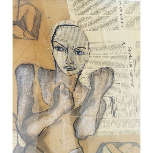 156A - JANE GOODWIN, 'The Art of Distraction', charcoal, chalk and collage on paper, 120cm x 87cm, framed.