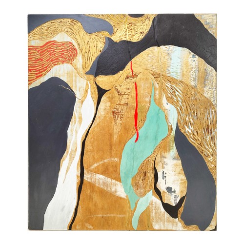 118 - KITTY HILLIER (Born 1984), 'Abstract', oil on carved and incised panel applied with paper, 122cm x 1... 